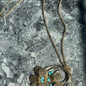 Gold-tone Floral Pendant Necklace with Turquoise Accents